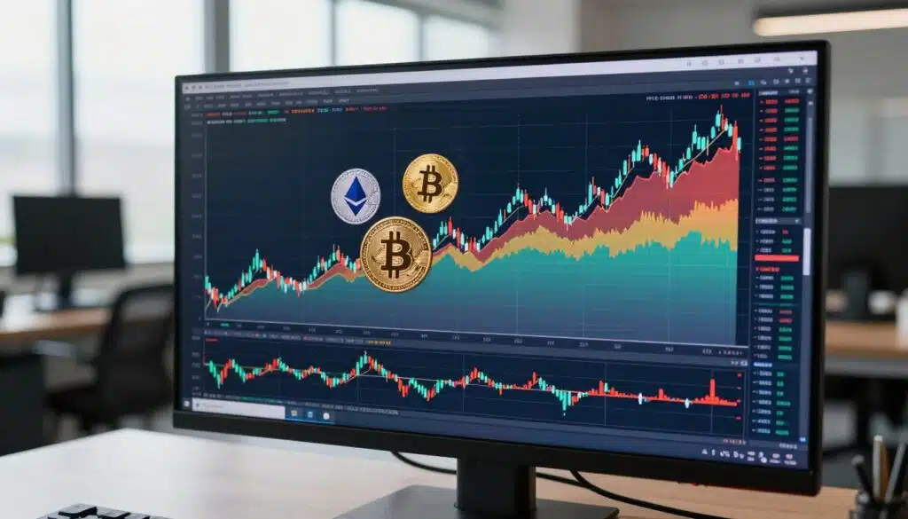 A sophisticated digital representation of historical cryptocurrency data trends, showcasing a complex line graph overlaying a vibrant chart filled with seasonal patterns. In the foreground, a computer monitor displays fluctuating price lines and colorful candlestick charts, each element meticulously detailed. In the middle, you can see stylized icons of popular cryptocurrencies like Bitcoin and Ethereum, harmoniously arranged around the graph. The background features a modern office setting with large windows allowing natural light to illuminate the scene, creating an atmosphere of focus and analysis. The image is composed from a slightly elevated angle to provide depth, capturing both the intricacies of the data and the intellectual environment, conveying a mood of insight and professionalism.