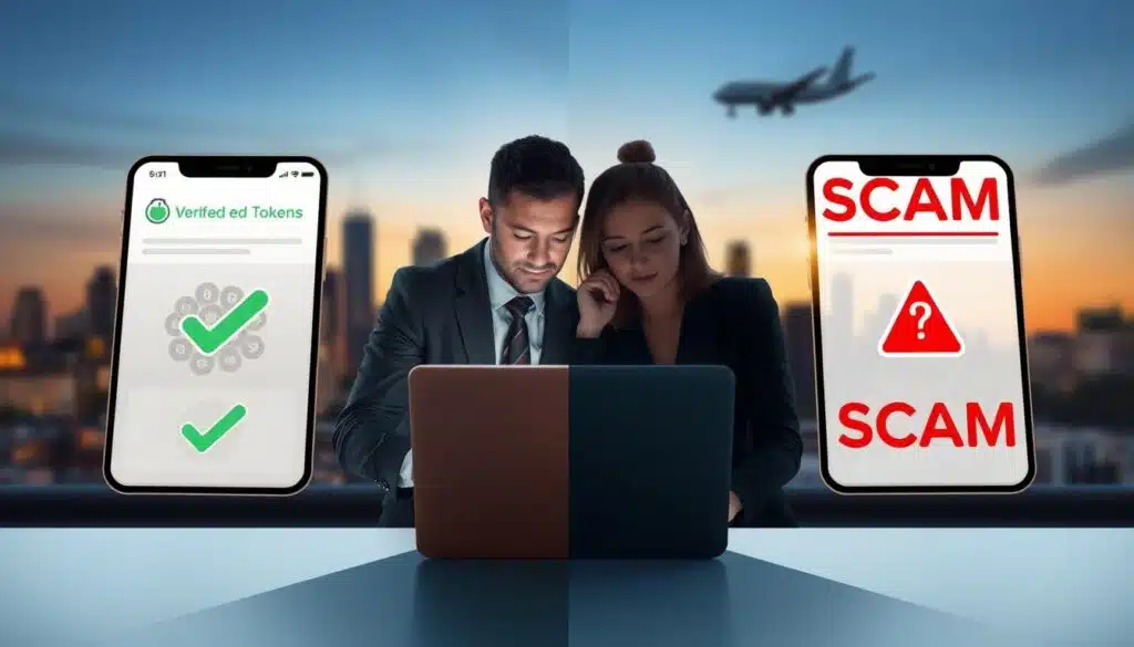 A split-screen illustration contrasting a legitimate cryptocurrency airdrop with a scam. In the foreground, on one side, a clean, transparent digital wallet interface displays verified tokens with a green checkmark, symbolizing authenticity. On the other side, a shadowy digital wallet interface shows question marks and warning symbols in red, indicating a scam. In the middle ground, a pair of professionals in business attire study the differences on a laptop, highlighting their focused expressions. The background features a blurred city skyline at dusk, with gentle lighting that creates a serious yet hopeful atmosphere. The overall mood should convey clarity and vigilance, emphasizing the importance of identifying real versus fraudulent airdrop opportunities.