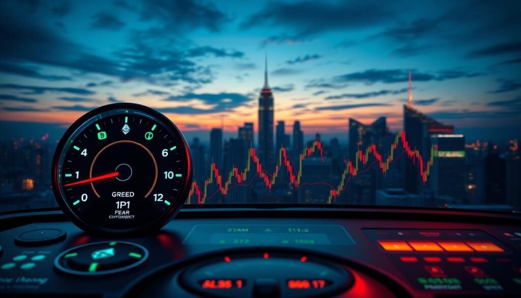 A striking, illustrative representation of the "Fear and Greed Index" focusing on the cryptocurrency market. In the foreground, a digital dashboard displaying colorful gauges, with an indicator moving between fear and greed, surrounded by icons of popular cryptocurrencies like Bitcoin and Ethereum. The middle ground features a stylized market graph with fluctuating lines representing volatility, filled with dynamic red and green hues indicating emotions in trading. The background is a city skyline at dusk, signifying the financial hub atmosphere, illuminated with a mix of warm and cool lighting. The overall mood should evoke a sense of urgency and tension, with an emphasis on the rapid fluctuations in market sentiment. Use a wide-angle lens to capture the drama of the scene, with a focus on clarity and contrast.