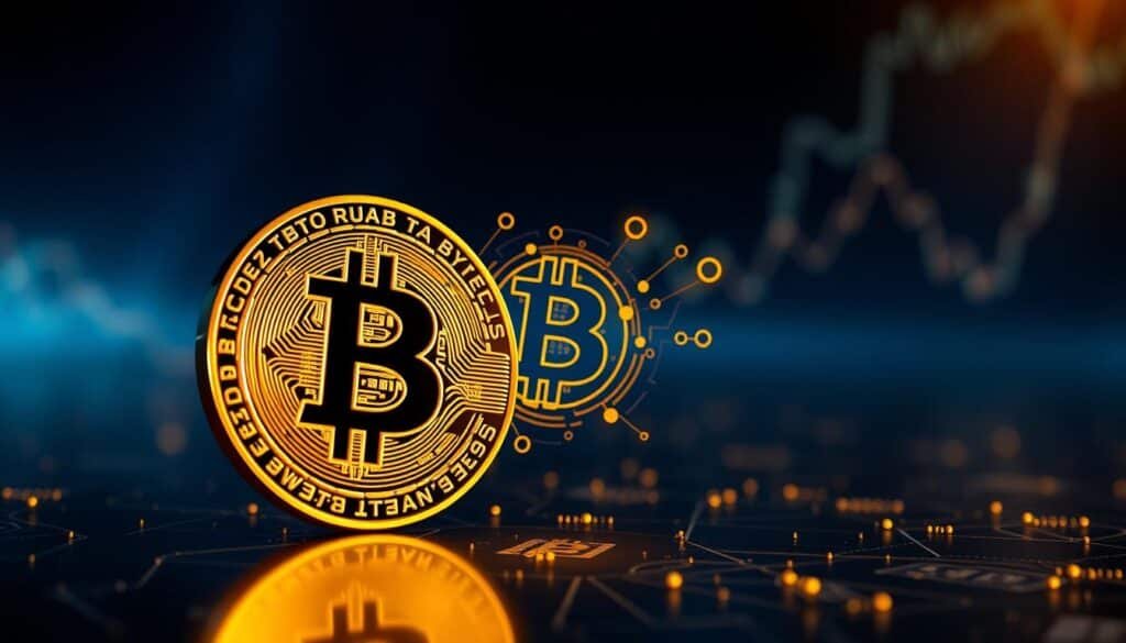 A stunning, high-resolution illustration of the Bitcoin symbol, prominently featured in the foreground, intricately designed to showcase its gold texture with a glowing effect, symbolizing its value. In the middle, a series of dynamic, abstract shapes representing blockchain technology and digital transactions, swirling around the Bitcoin symbol. The background should be a subtle gradient of deep blue and black, suggesting the digital landscape where cryptocurrency thrives, illuminated by soft, ambient lighting that gives a futuristic feel. The overall atmosphere should convey a sense of innovation and financial empowerment, with a hint of optimism for the future of cryptocurrency podcasts. The perspective should be slightly angled to add depth, resembling an artistic financial graph or digital landscape.