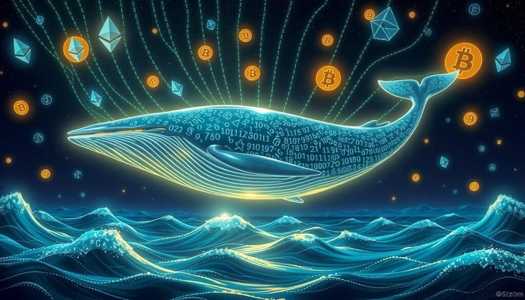 A surreal illustration of a "crypto whale," depicted as a gigantic, sleek, luminescent creature swimming through an ocean of digital currencies. In the foreground, the whale glimmers under streams of glowing Ethereum and Bitcoin symbols, with intricate patterns reflecting its scales. In the middle ground, waves of binary code rise and fall, suggesting the movement of cryptocurrency transactions. The background features a dark, starry sky, hinting at a vast digital cosmos, filled with floating holograms of market graphs and charts. The lighting creates a dramatic contrast, with soft blues and greens illuminating the whale against the deep hues of the ocean, conveying a sense of majesty and mystery. The atmosphere is dynamic and vibrant, encapsulating the excitement of cryptocurrency trading.
