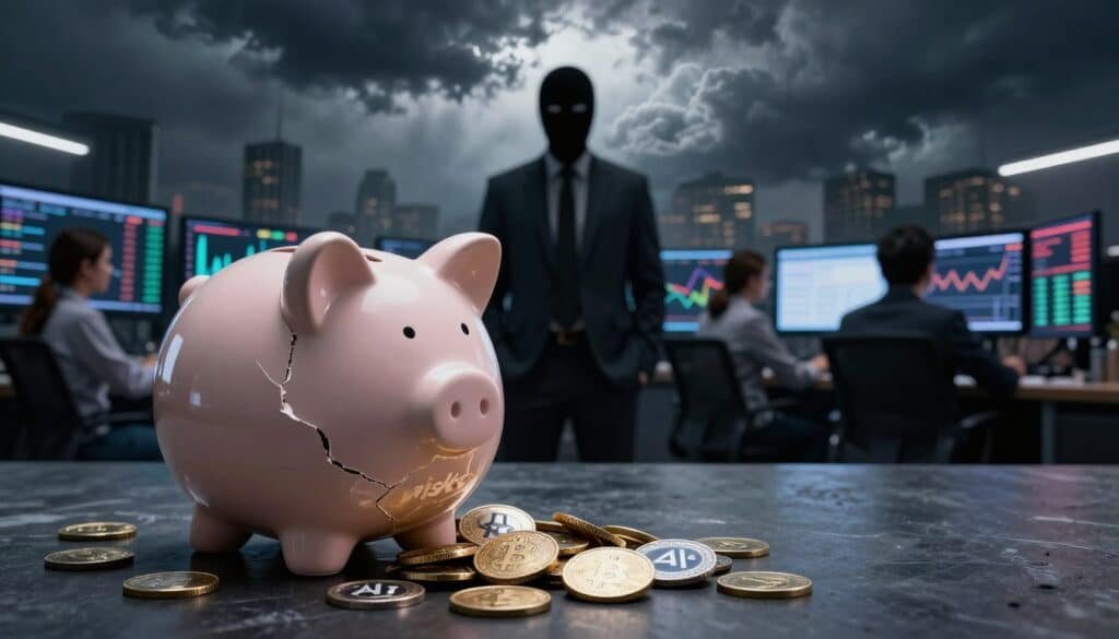 A symbolic representation of "risks" related to cryptocurrency investments, particularly focusing on the US market. In the foreground, a cracked piggy bank spills out various coins labeled with symbols of AI and cryptocurrency, emphasizing financial loss. The middle ground features a shadowy figure representing fraud, with a mask and suit, watching traders who are analyzing screens filled with fluctuating graphs, highlighting volatility and uncertainty. In the background, a stormy sky looms, casting dark clouds over a city skyline, symbolizing regulatory challenges and the chaotic nature of trading. Use dramatic lighting to create a tense atmosphere, with sharp contrasts between light and shadow, capturing the risks investors face. Utilize a wide-angle lens to enhance the sense of scale and depth. A symbolic representation of "risks" related to cryptocurrency investments, particularly focusing on the US market. In the foreground, a cracked piggy bank spills out various coins labeled with symbols of AI and cryptocurrency, emphasizing financial loss. The middle ground features a shadowy figure representing fraud, with a mask and suit, watching traders who are analyzing screens filled with fluctuating graphs, highlighting volatility and uncertainty. In the background, a stormy sky looms, casting dark clouds over a city skyline, symbolizing regulatory challenges and the chaotic nature of trading. Use dramatic lighting to create a tense atmosphere, with sharp contrasts between light and shadow, capturing the risks investors face. Utilize a wide-angle lens to enhance the sense of scale and depth.