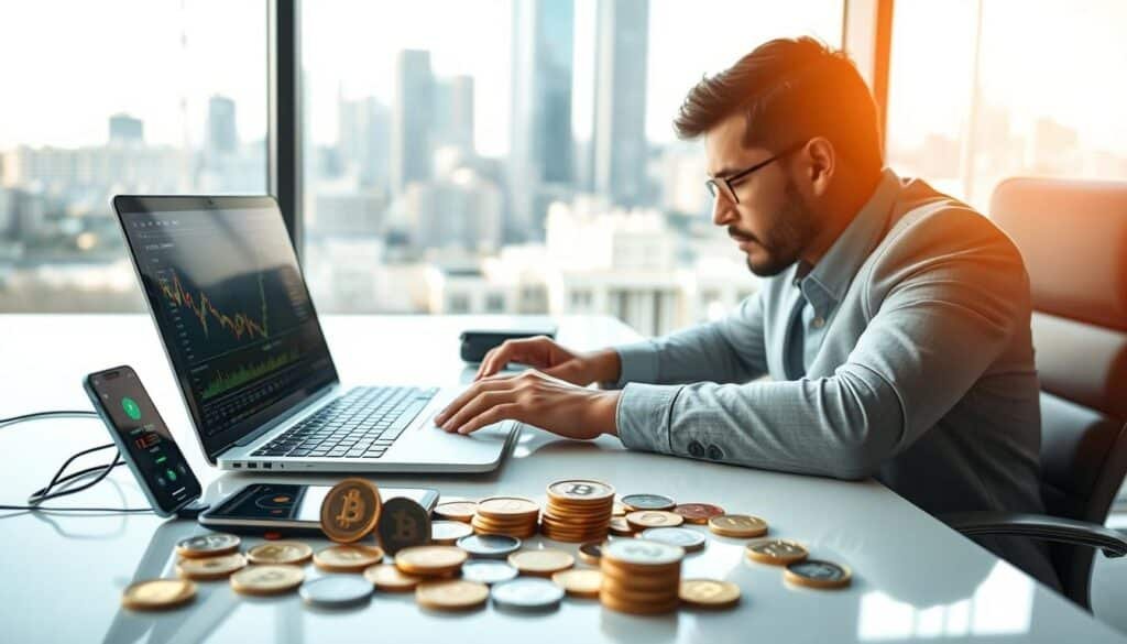 A thoughtful and professional individual seated at a sleek, modern desk, deeply focused on a laptop displaying cryptocurrency data and market analysis charts. The foreground shows a close-up of the person's hands typing on the keyboard, with a smartphone displaying stock alerts nearby. In the middle ground, various cryptocurrency tokens are scattered, showcasing both popular and lesser-known coins, emphasizing the importance of thorough research. The background features a large window with a city skyline, casting soft, natural daylight into the room, creating a warm and inviting atmosphere. The overall mood is one of diligence and caution, with a sense of urgency in avoiding financial pitfalls. Use a portrait orientation with a warm color palette to enhance the professional and serious theme.