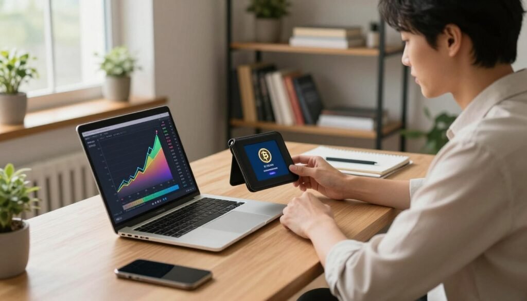 A tranquil and modern home office scene focused on passive income from staking AI crypto tokens. In the foreground, a sleek desk with a high-tech laptop displaying a colorful graph of rising crypto values, next to a digital wallet open to AI token balances. In the middle, a thoughtful person in professional business attire examining data, illuminated by soft, natural light from a nearby window. The background features shelves filled with financial books and potted plants, creating a calm atmosphere. Warm colors dominate the scene, enhancing a sense of security and growth. The composition is shot at a slightly elevated angle, providing a clear view of the desk while maintaining focus on the person’s engaged expression.
