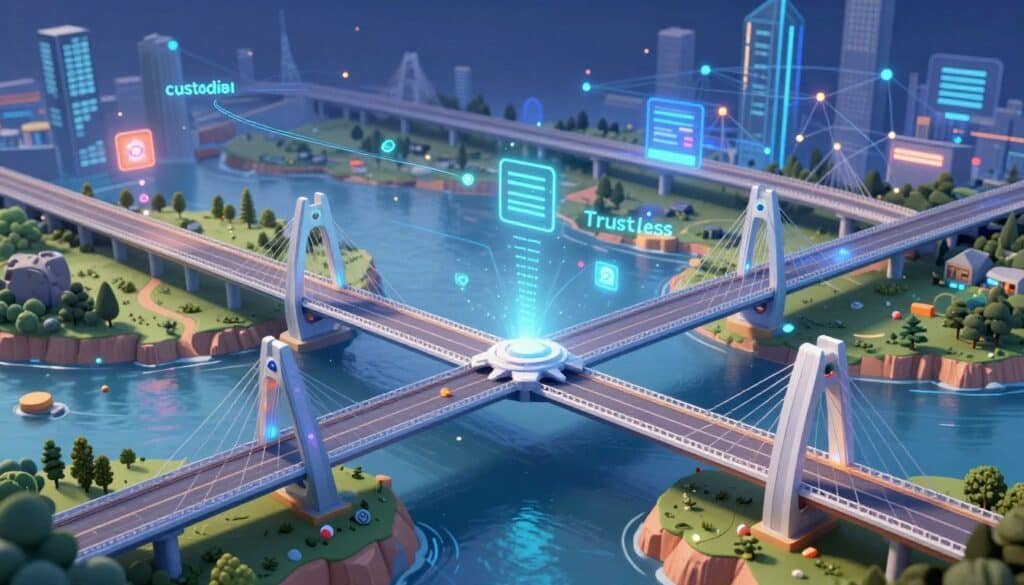 A vibrant and detailed digital illustration depicting various bridge transfer models in the context of blockchain technology. In the foreground, showcase three distinct models: a custodial bridge, a trustless bridge, and a hybrid model, each represented as sleek, modern structures connecting two digital landscapes. In the middle ground, visualize abstract representations of data transfer, such as glowing data packets traversing the bridges. The background features a futuristic cityscape with digital nodes and interconnected lines symbolizing network connectivity. Use soft, ambient lighting to create an inviting atmosphere, with a slight lens flare effect to highlight the bridges. Aim for a dynamic angle that captures the complexity and innovation of cross-chain transactions, ensuring the scene feels high-tech and engaging.