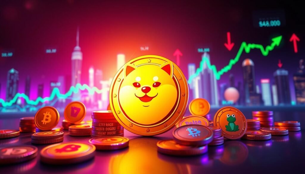 A vibrant and dynamic scene illustrating the concept of meme coins. In the foreground, a large golden Dogecoin coin with an adorable Shiba Inu face shining brightly, surrounded by various smaller coins featuring playful designs, like Pepe the Frog. In the middle ground, a digital chart displaying fluctuating crypto prices, symbolizing market movement, with arrows pointing up and down. The background features a stylized abstract city skyline, representing the digital world of cryptocurrency, illuminated with neon colors. Soft, dramatic lighting casts interesting shadows, creating a sense of depth. The mood is lively and energetic, evoking excitement in the crypto market. The angle is slightly elevated, providing a comprehensive view of the scene while maintaining visual balance.