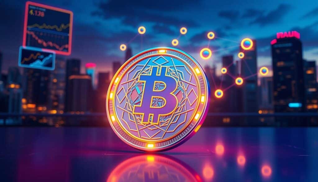 A vibrant and engaging illustration of a cryptocurrency token, set against a modern digital landscape. In the foreground, a shiny, stylized token with intricate geometric designs, glowing softly with blue and gold hues, embodies the essence of digital currency. In the middle ground, a network of floating blockchain nodes interconnects the tokens, symbolizing their role in the cryptocurrency ecosystem. The background features a city skyline at dusk, with neon lights and screens displaying abstract graphs and charts, suggesting a thriving financial environment. Soft, ambient lighting enhances the futuristic atmosphere, creating a sense of innovation and possibility. A dynamic angle showcases the token’s 3D depth and movement, inviting viewers to explore the digital world of crypto.