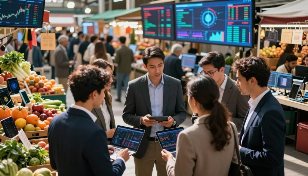 A vibrant, bustling market scene illustrating the fusion of technology and finance. In the foreground, a diverse group of professionals in business attire are engaged in discussions, examining digital devices displaying cryptocurrency charts and AI trading algorithms. The middle ground features colorful market stalls filled with fresh produce and tech gadgets, symbolizing the blend of traditional commerce and modern trading. In the background, digital screens and holograms project cryptocurrency trends and AI data analysis, creating a high-tech atmosphere. Soft, natural lighting filters through, casting dynamic shadows and highlighting the excitement of innovation. The overall mood is energetic and optimistic, reflecting the potential impact of widespread AI in crypto trading. The angle should convey a sense of depth and activity in this lively marketplace. A vibrant, bustling market scene illustrating the fusion of technology and finance. In the foreground, a diverse group of professionals in business attire are engaged in discussions, examining digital devices displaying cryptocurrency charts and AI trading algorithms. The middle ground features colorful market stalls filled with fresh produce and tech gadgets, symbolizing the blend of traditional commerce and modern trading. In the background, digital screens and holograms project cryptocurrency trends and AI data analysis, creating a high-tech atmosphere. Soft, natural lighting filters through, casting dynamic shadows and highlighting the excitement of innovation. The overall mood is energetic and optimistic, reflecting the potential impact of widespread AI in crypto trading. The angle should convey a sense of depth and activity in this lively marketplace.