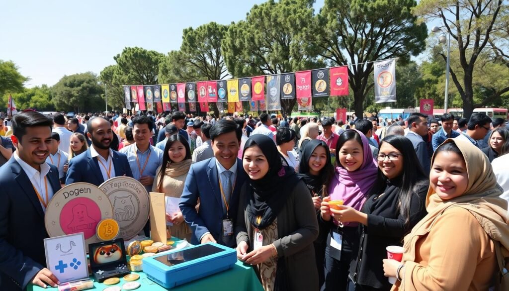 A vibrant community event capturing the essence of "meme coins," with small groups of people engaging enthusiastically, showcasing Dogecoin, Shiba Inu, and Pepe-themed merchandise. In the foreground, a diverse group of individuals in professional business attire and modest casual clothing are gathered around a table filled with colorful coin representations and gaming consoles. In the middle, a backdrop of a bustling park filled with banners depicting various meme coins, while friends enjoy snacks and share ideas about cryptocurrency investments. The background features trees and a bright blue sky, suggesting a sunny day. The mood is lively and friendly, emphasizing collaboration and community spirit. The scene is brightly lit, highlighting the joyful expressions of participants, captured from a slightly elevated angle to encompass the atmosphere of connection and enthusiasm.