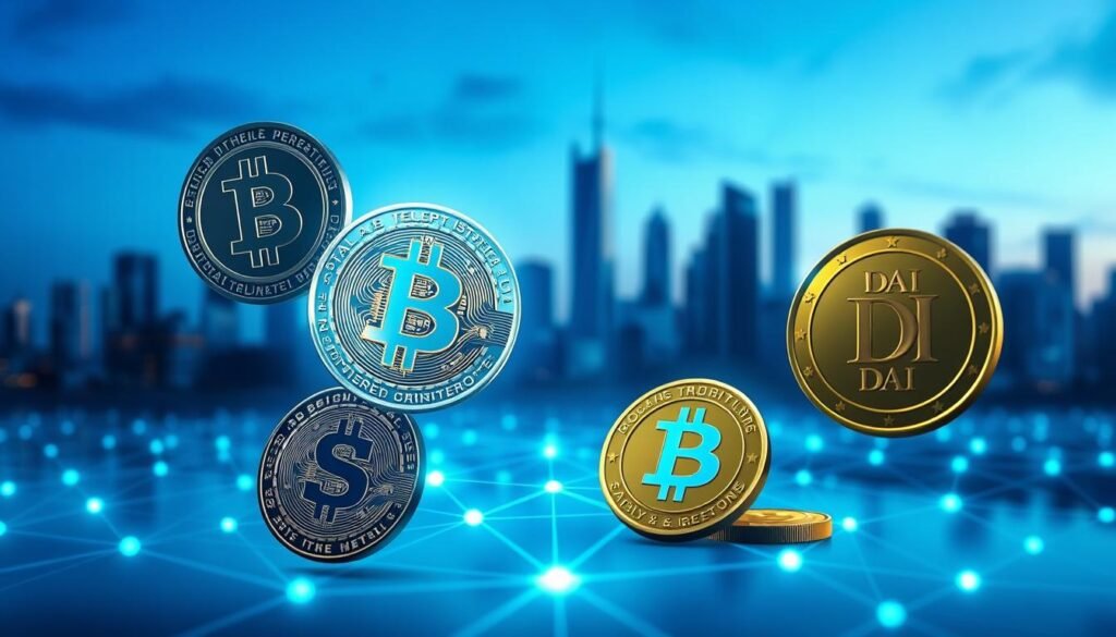 A vibrant digital financial scene showcasing stablecoins like USDT, USDC, and DAI as prominent coins floating in the foreground. Each coin should feature distinct logos, shimmering with a slight glow to highlight their significance. In the middle ground, depict a stylized depiction of a blockchain network, illustrating connections to symbolize stability and interoperability in the cryptocurrency market. The background should feature a modern, sleek city skyline bathed in a soft blue twilight, symbolizing the future of finance. Utilize bright but balanced lighting to convey a sense of optimism and innovation. The overall mood should be professional and forward-looking, suitable for an article on cryptocurrency stability. Use a dynamic angle, slightly elevated to capture the essence of this digital financial landscape.