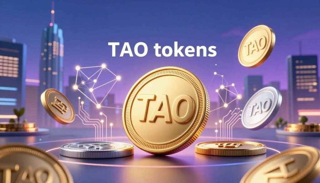 A vibrant digital illustration of "TAO tokens" arranged in a dynamic, futuristic setting. In the foreground, depict several shiny, gold and silver TAO tokens with intricate designs, reflecting light and symbolizing value and innovation. In the middle ground, incorporate abstract representations of decentralized networks, like glowing connections and circuit patterns, enhancing the theme of technology and collaboration. The background should feature a sleek, modern city skyline at twilight, with soft blue and purple hues creating an atmosphere of advancement and possibility. Use dramatic lighting to highlight the tokens and provide a sense of depth, with a wide-angle perspective to encompass the entire scene, conveying the mood of excitement and potential in the decentralized AI sphere.