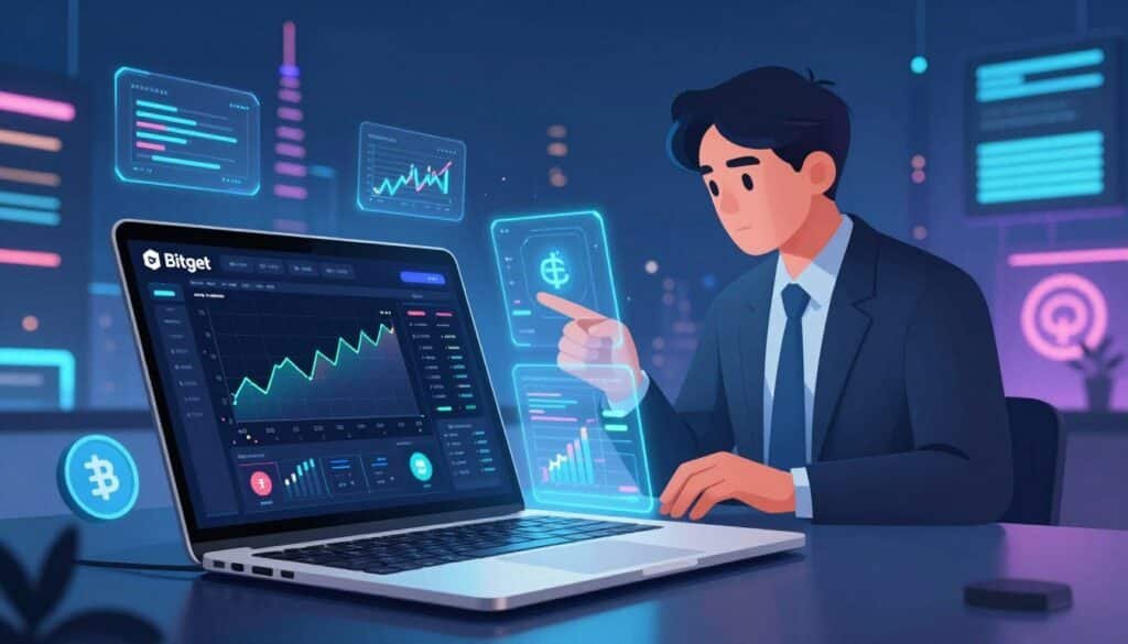 A vibrant digital illustration representing Bitget, showcasing a modern cryptocurrency trading platform. In the foreground, display a sleek laptop with the Bitget interface featuring graphs and market trends, illuminated by a soft blue light. Surround the laptop with floating holographic elements like charts and currency symbols to emphasize a futuristic vibe. In the middle ground, depict a professional trader in business attire, intently analyzing the screen, with a look of concentration. In the background, create an abstract city skyline filled with digital displays and neon lights, enhancing the high-tech atmosphere. The overall mood should convey innovation, professionalism, and excitement in the crypto trading world, with dynamic lighting to highlight the subject. A vibrant digital illustration representing Bitget, showcasing a modern cryptocurrency trading platform. In the foreground, display a sleek laptop with the Bitget interface featuring graphs and market trends, illuminated by a soft blue light. Surround the laptop with floating holographic elements like charts and currency symbols to emphasize a futuristic vibe. In the middle ground, depict a professional trader in business attire, intently analyzing the screen, with a look of concentration. In the background, create an abstract city skyline filled with digital displays and neon lights, enhancing the high-tech atmosphere. The overall mood should convey innovation, professionalism, and excitement in the crypto trading world, with dynamic lighting to highlight the subject.