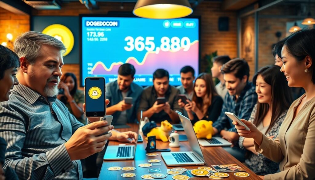 A vibrant, engaging scene depicting a diverse group of individuals, all passionately discussing Dogecoin while examining their smartphones. In the foreground, a person in casual business attire eagerly shows their phone displaying the Dogecoin logo. The middle ground features a table with a few laptops and Dogecoin merchandise, including stickers and plush toys. In the background, a large digital screen showing the rising Dogecoin price enhances the atmosphere. The lighting is warm and inviting, reminiscent of a lively coffee shop, highlighting excitement and optimism. The angle is slightly elevated, providing a clear view of the interaction among the individuals, fostering a sense of community and enthusiasm around the original meme coin.