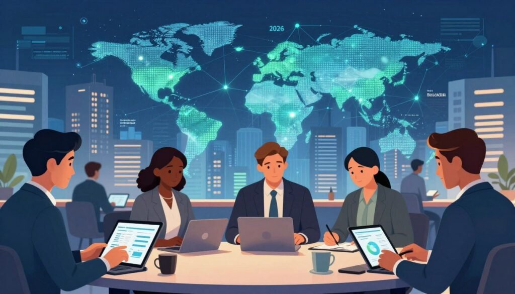 A vibrant illustration showcasing the blockchain job market in 2026. In the foreground, diverse professionals in business attire are engaged in discussions, examining digital tablets featuring blockchain graphs and statistics. In the middle ground, a dynamic cityscape filled with modern office buildings reflects industries adopting blockchain technology, like finance, healthcare, and supply chain. The background features a digital representation of a blockchain network glowing in blue and green tones, symbolizing connectivity and opportunity. The scene is illuminated with soft, warm lighting to create an inviting atmosphere, portraying optimism and innovation. The perspective is slightly angled, accentuating the bustling environment of professionals collaborating in the evolving job landscape.