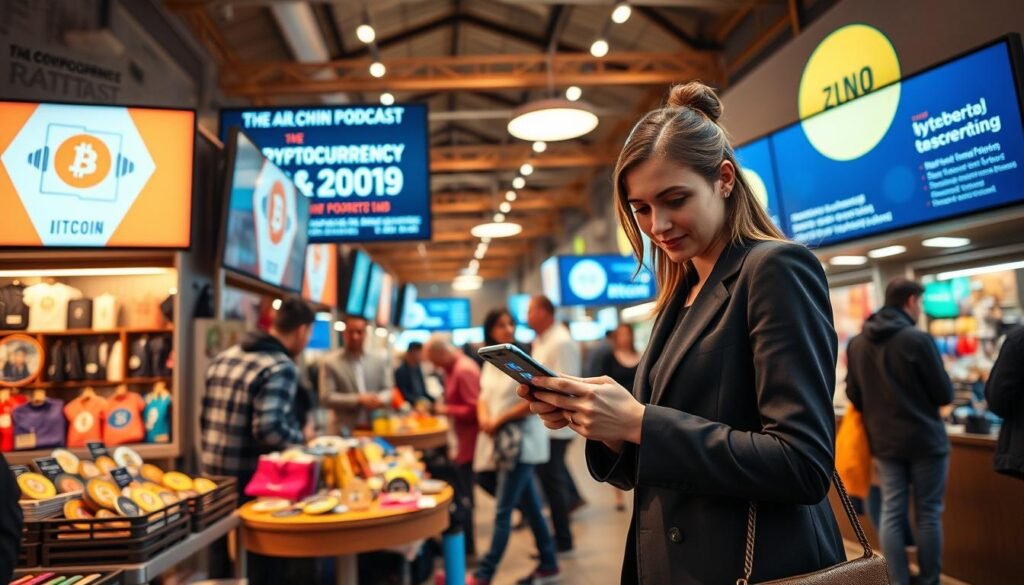 A vibrant indoor market scene with a focus on cryptocurrency, showcasing a variety of stalls selling merchandise related to digital currencies. In the foreground, a well-dressed business professional, a woman in a smart blazer, examines a smartphone app displaying cryptocurrency prices. In the middle, diverse vendors enthusiastically talk to customers, displaying colorful products branded with Bitcoin and Ethereum logos. The background features digital billboards showcasing cryptocurrency podcast information and promotional material, radiating a tech-savvy atmosphere. Warm, ambient lighting fills the scene, creating an inviting vibe. The image is captured at eye level with a slight depth of field, allowing the viewer to feel immersed in the bustling market environment, suggesting the interconnectedness of commerce and technology in 2026.