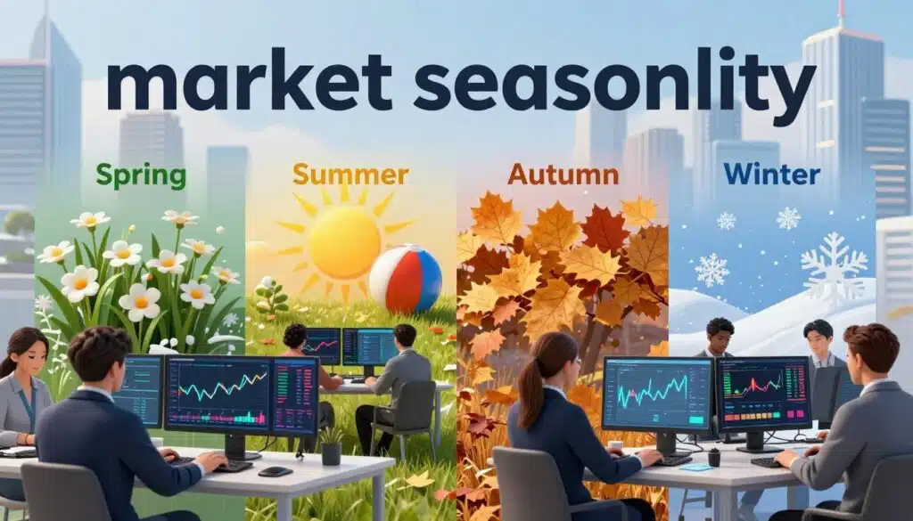 A vibrant visualization of "market seasonality" in the crypto space, featuring a digital landscape divided into four distinct quadrants representing the seasons: spring, summer, autumn, and winter. In the foreground, diverse traders in professional attire engage with digital screens displaying fluctuating graphs and market trends. The middle section showcases seasonal elements like blooming flowers for spring, sunshine and beach balls for summer, falling leaves for autumn, and snowflakes for winter, seamlessly integrated into these quadrants. The background consists of a futuristic city skyline symbolizing progress and innovation, with soft, dynamic lighting highlighting the transitions between the seasons. The mood is energetic and optimistic, capturing the essence of opportunity and timing in trading, while emphasizing the cyclical nature of the market.