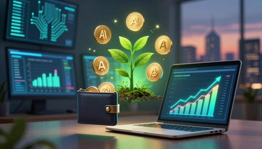 A visually appealing representation of staking rewards for AI crypto tokens. In the foreground, a digital wallet floating near a sleek laptop, displaying colorful graphics of rising token values. The middle layer features a radiant green plant sprouting coins labeled with various AI cryptocurrency logos amidst a backdrop of high-tech screens showcasing blockchain analytics. The background includes abstract representations of circuit patterns and a city skyline, illuminated in twilight hues, symbolizing the fusion of technology and finance. Soft, focused lighting enhances the vibrant greens and golds, fostering a sense of hope and prosperity. The composition implies a professional atmosphere with a motivational tone, ideal for illustrating the staking process.