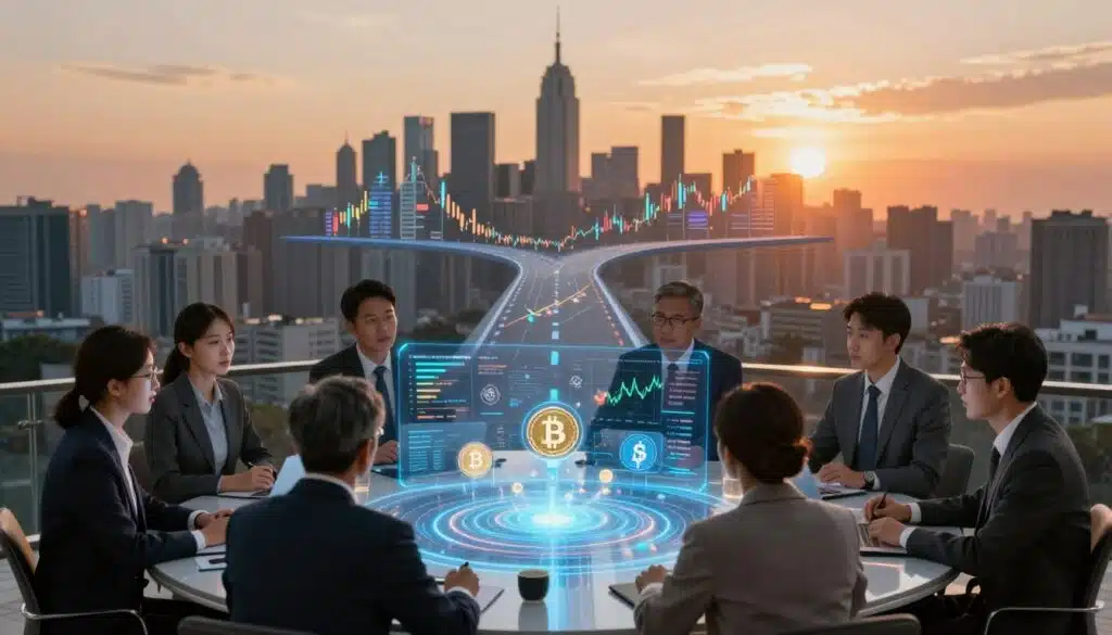 A visually compelling representation of the top-down and bottom-up approaches in crypto market analysis. In the foreground, depict a diverse group of professional investors, dressed in business attire, engaged in discussion around a futuristic digital table with holographic graphs and data visualizations displaying both market trends and individual cryptocurrency details. In the middle ground, illustrate two distinct paths merging: a skyline showing macroeconomic indicators above, and a micro-level view of specific cryptocurrencies below, vividly highlighting iconography related to finance and blockchain technology. The background features a city skyline at sunset, casting a warm glow, creating an atmosphere of innovation and strategic insight. Use sharp focus to enhance details, with dynamic lighting to emphasize the contrasting analysis approaches. A visually compelling representation of the top-down and bottom-up approaches in crypto market analysis. In the foreground, depict a diverse group of professional investors, dressed in business attire, engaged in discussion around a futuristic digital table with holographic graphs and data visualizations displaying both market trends and individual cryptocurrency details. In the middle ground, illustrate two distinct paths merging: a skyline showing macroeconomic indicators above, and a micro-level view of specific cryptocurrencies below, vividly highlighting iconography related to finance and blockchain technology. The background features a city skyline at sunset, casting a warm glow, creating an atmosphere of innovation and strategic insight. Use sharp focus to enhance details, with dynamic lighting to emphasize the contrasting analysis approaches.
