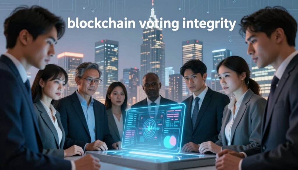 A visually compelling scene depicting "blockchain voting integrity." In the foreground, a diverse group of professionals in business attire gathered around a digital voting terminal, intently examining a holographic blockchain ledger displaying graphical representations of voting data. In the middle ground, a futuristic cityscape with skyscrapers reflects innovation and trust, bathed in soft, ambient lighting to create a hopeful atmosphere. The background features circuit patterns subtly integrated into the skyline, symbolizing the technological backbone of blockchain. The image is shot from a low angle to emphasize the importance of transparency, with a focus on the expressions of curiosity and determination on the faces of the voters, suggesting both the promise and the reality of blockchain in voting. A visually compelling scene depicting "blockchain voting integrity." In the foreground, a diverse group of professionals in business attire gathered around a digital voting terminal, intently examining a holographic blockchain ledger displaying graphical representations of voting data. In the middle ground, a futuristic cityscape with skyscrapers reflects innovation and trust, bathed in soft, ambient lighting to create a hopeful atmosphere. The background features circuit patterns subtly integrated into the skyline, symbolizing the technological backbone of blockchain. The image is shot from a low angle to emphasize the importance of transparency, with a focus on the expressions of curiosity and determination on the faces of the voters, suggesting both the promise and the reality of blockchain in voting.