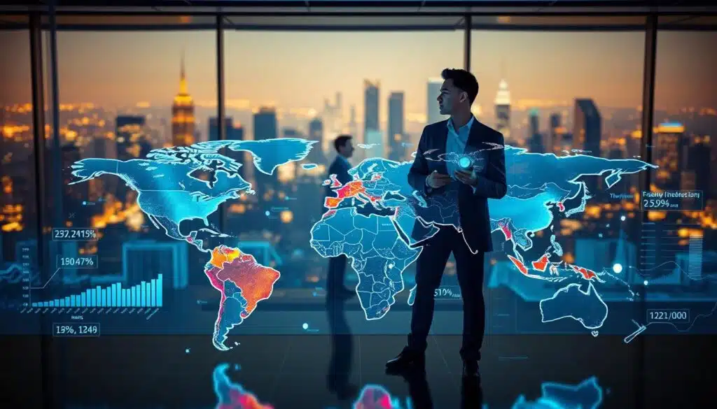 A visually compelling scene showcasing "crypto adoption data" in a global context. In the foreground, a large digital world map is displayed with bright, colorful regions indicating varying adoption rates, overlaid with stylized graphs and charts representing key statistics. The middle layer features business professionals in smart attire, discussing trends; they interact with holographic displays showcasing cryptocurrency indices and adoption metrics. In the background, soft-focus city skylines represent different countries, illuminated by ambient light to convey a sense of global connectivity and modernity. The atmosphere is dynamic and optimistic, with a slightly futuristic vibe, emphasizing growth and innovation in cryptocurrency. Use soft, natural lighting to enhance clarity and vibrancy. Capture this scene from a slight overhead angle for depth and perspective.