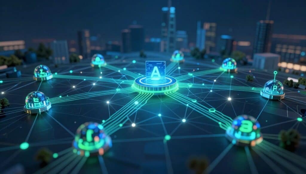 A visually dynamic representation of interconnected blockchain nodes, depicted in a digital landscape. In the foreground, various nodes with glowing circuits and interconnected lines symbolize data flow, showcasing a vivid blue and green color scheme. The middle ground features a network grid, illuminated with soft lighting to emphasize the complexity and functionality of the blockchain. In the background, a subtle abstract depiction of a city skyline is visible, suggesting real-world applications of blockchain technology. The overall atmosphere is futuristic and sophisticated, capturing the essence of high-tech innovations. The composition should use a wide-angle lens effect, highlighting depth and interconnectedness, with a focus on clarity and precision in the nodes’ designs.