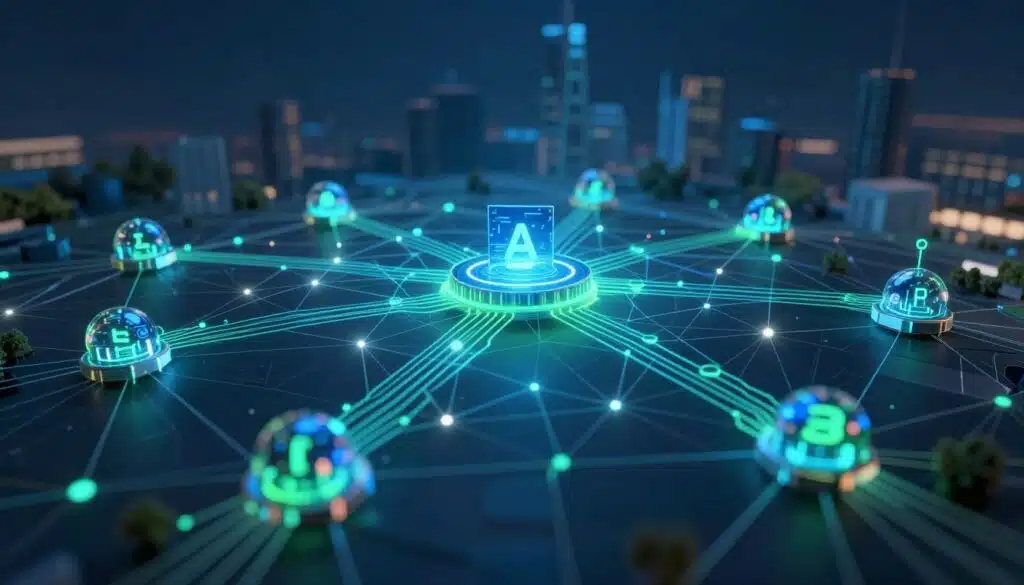 A visually dynamic representation of interconnected blockchain nodes, depicted in a digital landscape. In the foreground, various nodes with glowing circuits and interconnected lines symbolize data flow, showcasing a vivid blue and green color scheme. The middle ground features a network grid, illuminated with soft lighting to emphasize the complexity and functionality of the blockchain. In the background, a subtle abstract depiction of a city skyline is visible, suggesting real-world applications of blockchain technology. The overall atmosphere is futuristic and sophisticated, capturing the essence of high-tech innovations. The composition should use a wide-angle lens effect, highlighting depth and interconnectedness, with a focus on clarity and precision in the nodes’ designs. A visually dynamic representation of interconnected blockchain nodes, depicted in a digital landscape. In the foreground, various nodes with glowing circuits and interconnected lines symbolize data flow, showcasing a vivid blue and green color scheme. The middle ground features a network grid, illuminated with soft lighting to emphasize the complexity and functionality of the blockchain. In the background, a subtle abstract depiction of a city skyline is visible, suggesting real-world applications of blockchain technology. The overall atmosphere is futuristic and sophisticated, capturing the essence of high-tech innovations. The composition should use a wide-angle lens effect, highlighting depth and interconnectedness, with a focus on clarity and precision in the nodes’ designs.