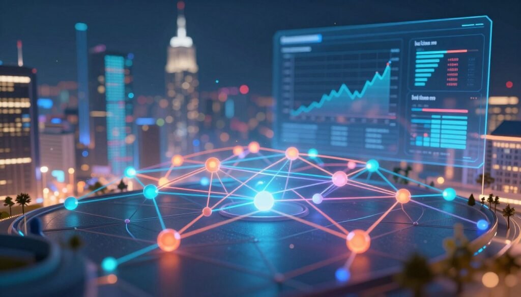 A visually engaging illustration of a subgraph concept, showcasing a dynamic digital landscape. In the foreground, intricate network nodes and vibrant lines connect digital data points, symbolizing smart contract events. The middle ground features an analytical dashboard displaying graphs and charts, highlighting the transformation of data into actionable insights. In the background, a soft-focus cityscape represents the broader blockchain environment, with glowing buildings and data streams. The lighting is bright and futuristic, with a subtle glow surrounding the nodes, giving a sense of innovation and technology. The atmosphere is professional and forward-looking, evoking a feeling of advancement in AI data indexing within the Graph Protocol ecosystem.