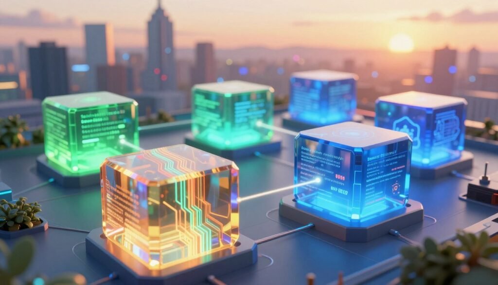 A visually engaging illustration of blockchain sharding, depicting a stylized, three-dimensional network of interconnected digital blocks, fragmented into multiple shards, representing scalability and data division. In the foreground, a close-up of a crystal-clear blockchain shard shows vibrant data streams flowing through it, with glowing lines illustrating connectivity. The middle ground features several shards, each emitting a soft glow, reflecting diverse data types like green for transactions and blue for smart contracts. In the background, a city skyline with digital elements blends into the horizon, bathed in a warm, inviting sunset lighting that conveys innovation. The mood should feel modern and optimistic, capturing the essence of advanced technology and collaboration in a secure environment.