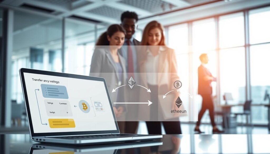 A visually engaging illustration of the process of transferring cryptocurrency between wallets. In the foreground, a diverse group of three professionals, dressed in business attire, gather around a modern laptop displaying a digital wallet interface, with cryptocurrency symbols like Bitcoin and Ethereum visible on the screen. The middle layer features a large diagram illustrating the step-by-step process, including arrows connecting wallet icons and a flow chart. In the background, a sleek, high-tech office environment with bright, natural light streaming through large windows, creating a productive atmosphere. The image conveys a sense of collaboration and innovation, showcasing technology in action without any text or overlays. A visually engaging illustration of the process of transferring cryptocurrency between wallets. In the foreground, a diverse group of three professionals, dressed in business attire, gather around a modern laptop displaying a digital wallet interface, with cryptocurrency symbols like Bitcoin and Ethereum visible on the screen. The middle layer features a large diagram illustrating the step-by-step process, including arrows connecting wallet icons and a flow chart. In the background, a sleek, high-tech office environment with bright, natural light streaming through large windows, creating a productive atmosphere. The image conveys a sense of collaboration and innovation, showcasing technology in action without any text or overlays.
