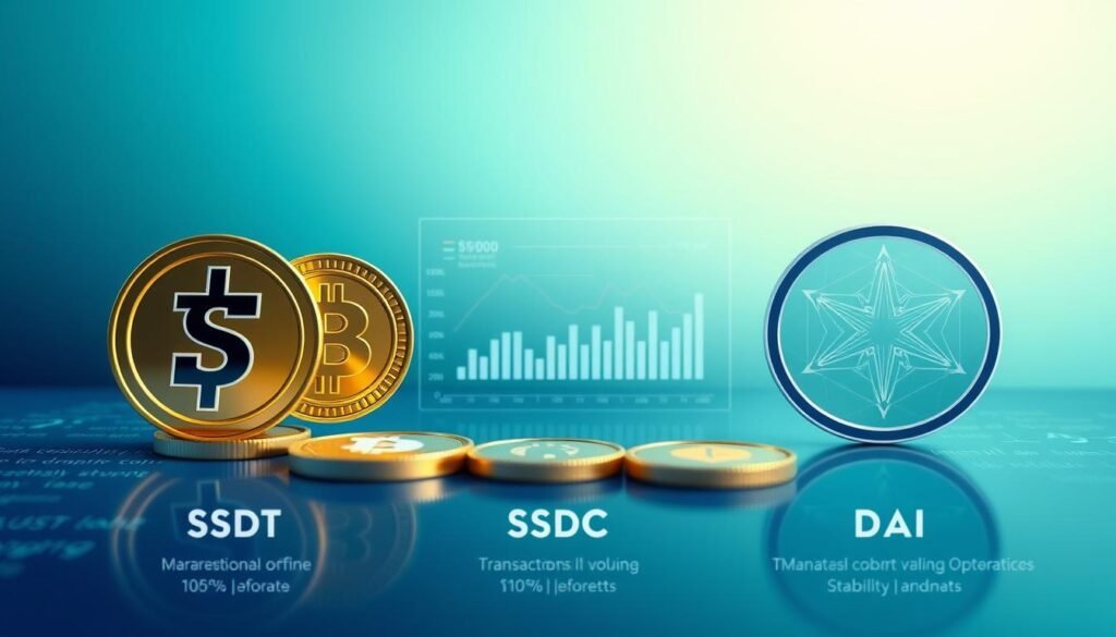 A visually engaging infographic illustrating the comparison of three prominent stablecoins: USDT, USDC, and DAI. In the foreground, feature stylized coin representations of USDT, USDC, and DAI, each distinctively designed to showcase their unique logos and characteristics. In the middle ground, integrate sleek animated charts or graphs that represent their market values, transaction volume, and stability metrics in a modern, minimalist style. The background should be a soft gradient of blue and green, evoking a sense of trust and financial security. Ensure the lighting is bright and professional, simulating a high-end digital display. The atmosphere should be informative and corporate, suitable for a financial guide.