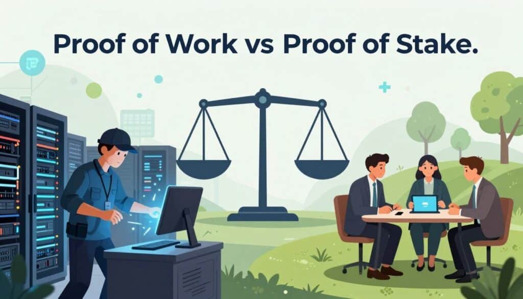 A visually engaging infographic portraying "Proof of Work vs Proof of Stake." In the foreground, two contrasting scenes: on the left, a miner in professional attire surrounded by servers, representing Proof of Work, with dynamic lighting highlighting the intensity of computational power. On the right, a serene, green landscape with people in business attire discussing over a digital tablet, symbolizing Proof of Stake. The middle section blends the two themes, using a central scale or balance design to emphasize the differences. The background features abstract representations of blockchain technology, merging digital and natural elements. Soft, balanced lighting creates a professional atmosphere while ensuring clarity and focus on the key differences.