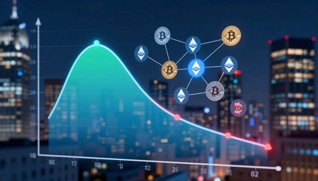 A visually engaging representation of a correlation coefficient in the context of cryptocurrency markets. In the foreground, display a large, prominent mathematical graph with a peaked curve representing positive correlation alongside a downward slope indicating negative correlation, with vivid colors such as blue and green for positive and red for negative. In the middle section, integrate stylized icons of popular cryptocurrencies like Bitcoin and Ethereum, interconnected with lines showing their relationships. The background features a blurred digital city skyline, symbolizing the modern financial world. Utilize soft, dynamic lighting that creates a futuristic atmosphere, suggesting innovation and market trends, captured from a slightly elevated angle to give a comprehensive view. Ensure the overall mood is analytical yet inspiring, perfect for a financial analysis setting. A visually engaging representation of a correlation coefficient in the context of cryptocurrency markets. In the foreground, display a large, prominent mathematical graph with a peaked curve representing positive correlation alongside a downward slope indicating negative correlation, with vivid colors such as blue and green for positive and red for negative. In the middle section, integrate stylized icons of popular cryptocurrencies like Bitcoin and Ethereum, interconnected with lines showing their relationships. The background features a blurred digital city skyline, symbolizing the modern financial world. Utilize soft, dynamic lighting that creates a futuristic atmosphere, suggesting innovation and market trends, captured from a slightly elevated angle to give a comprehensive view. Ensure the overall mood is analytical yet inspiring, perfect for a financial analysis setting.