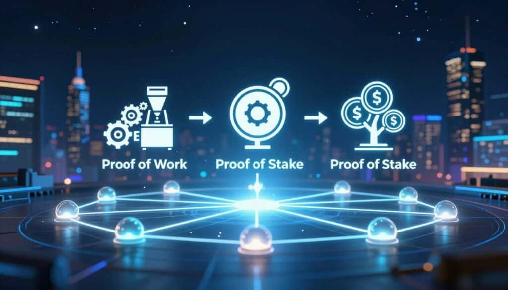 A visually engaging representation of blockchain consensus mechanisms, featuring a futuristic digital landscape. In the foreground, a network of glowing nodes representing different validators securely connected via luminous lines to symbolize communication and agreement. In the middle, a stylized representation of "Proof of Work" using gears and mining rigs alongside "Proof of Stake" illustrated with elegant trees or staking tokens, showcasing their contrasting approaches. The background features a dark, starry sky with a vibrant digital city skyline, highlighting the technological aspect of blockchain. Soft, ambient lighting casts a professional atmosphere, while a slight depth of field blurs the edges of the scene, focusing on the central elements. The overall mood is dynamic and optimistic, as if capturing the pulse of innovation in the blockchain world.