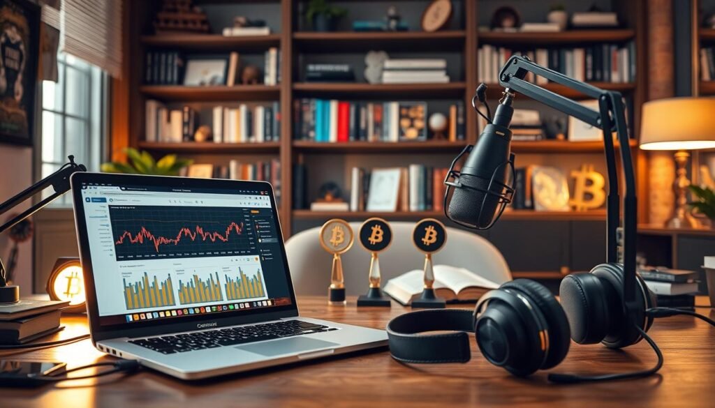 A visually engaging scene depicting a themed workspace dedicated to cryptocurrency podcasts. In the foreground, arrange a sleek laptop with cryptocurrency charts and podcast episodes open on the screen. Surround the laptop with modern podcasting equipment like a microphone and headphones, all illuminated with warm, inviting light. In the middle, feature a stylish bookshelf adorned with popular cryptocurrency books and a few awards for best podcasts. The background should show a well-organized study with subtle hints of cryptocurrency, such as gold and silver coins scattered casually. The mood is professional yet innovative, embodying a tech-savvy atmosphere suitable for investors. Capture the scene with a shallow depth of field to emphasize the podcasting setup while maintaining a clear view of the elaborate background.