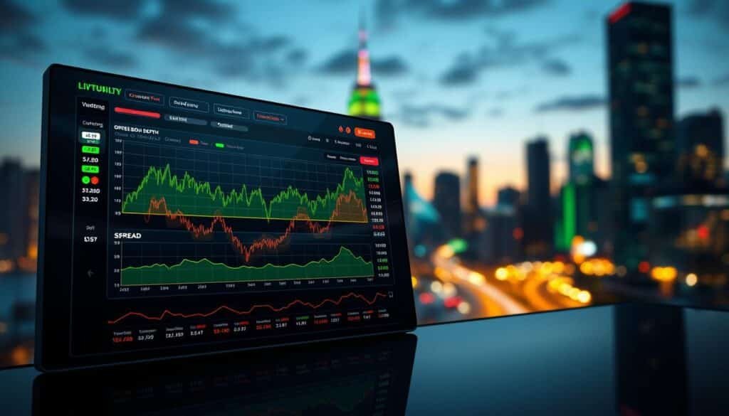 A visually striking and informative illustration of liquidity metrics for cryptocurrency trading. In the foreground, display a sleek digital dashboard with graphs and charts highlighting core liquidity metrics such as trading volume, order book depth, and spread, using vibrant colors like green for positive trends and red for negative ones. In the middle ground, integrate abstract representations of market dynamics, like flowing liquidity pools or currency symbols in motion, symbolizing the fast-paced nature of crypto trading. The background should have a blurred city skyline at dusk, illuminated by soft, ambient lighting to convey a sense of urgency and sophistication. Use a wide-angle lens perspective to create depth, ensuring the focus remains on the metrics while still capturing the lively atmosphere of the cryptocurrency market.
