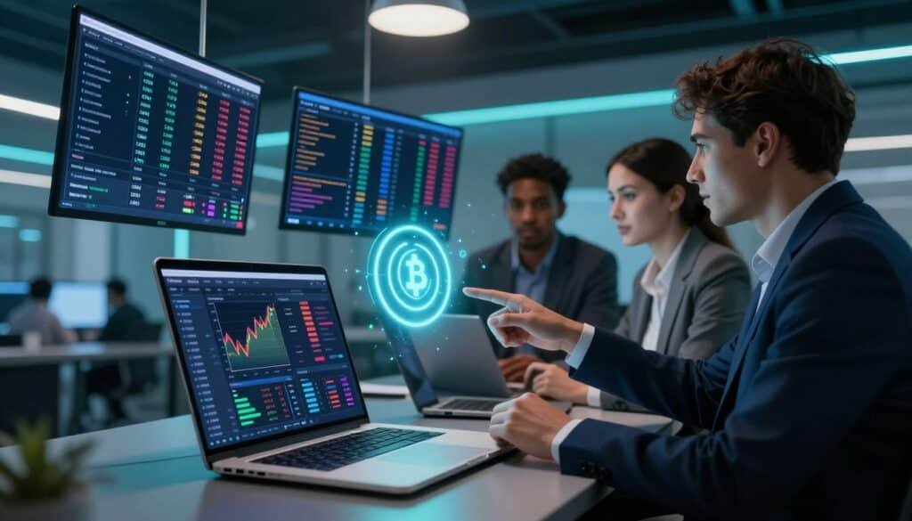 A visually striking and professional digital illustration depicting a futuristic trading environment focused on cryptocurrency alerts. In the foreground, a sleek laptop is open, showcasing a dynamic TradingView interface filled with colorful alerts and graphs. To the right, a diverse group of three business professionals, dressed in smart casual attire, are engaged in discussion, pointing at the screen. In the middle ground, various floating screens display crypto price movements, news updates, and filter options, while a holographic alert icon glows prominently. The background features a modern office space with ambient blue and green lighting, creating a high-tech atmosphere. Use a wide-angle lens effect to enhance depth and a slight focus on the alert icon, conveying a sense of urgency and excitement in the trading community. A visually striking and professional digital illustration depicting a futuristic trading environment focused on cryptocurrency alerts. In the foreground, a sleek laptop is open, showcasing a dynamic TradingView interface filled with colorful alerts and graphs. To the right, a diverse group of three business professionals, dressed in smart casual attire, are engaged in discussion, pointing at the screen. In the middle ground, various floating screens display crypto price movements, news updates, and filter options, while a holographic alert icon glows prominently. The background features a modern office space with ambient blue and green lighting, creating a high-tech atmosphere. Use a wide-angle lens effect to enhance depth and a slight focus on the alert icon, conveying a sense of urgency and excitement in the trading community.