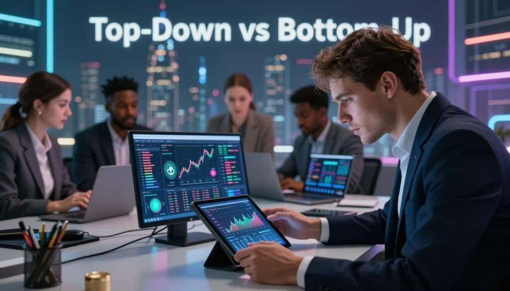 A visually striking illustration depicting the concept of "Top-Down vs Bottom-Up" analysis in the crypto market. In the foreground, a well-dressed analyst, leaning over a desk, examines complex charts and data on a tablet, showcasing a top-down analysis approach with detailed graphs and market projections. In the middle ground, a diverse team of professionals engaged in intense discussions, equipped with laptops and digital screens displaying cryptocurrency trends, representing the bottom-up approach, analyzing specific coins and projects. The background features a stylized cityscape with skyscrapers emanating a futuristic vibe, illuminated by neon lights, suggesting a dynamic and evolving market atmosphere. The lighting is bright and focused on the analysts, with a slightly blurred effect on the background to emphasize the subject. The overall mood is one of professionalism, innovation, and analytical rigor.