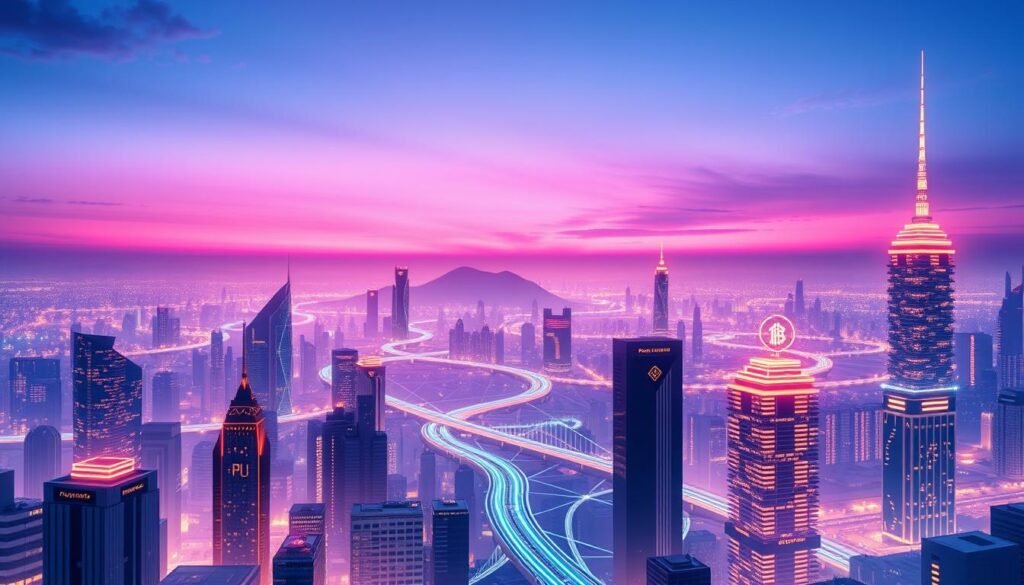 A visually striking illustration of Layer 2 blockchain solutions, featuring a dynamic and futuristic cityscape in the foreground with intricate rollup designs, payment channels, and sidechain symbols integrated into the architecture. The middle ground showcases interconnected digital pathways representing secure data flow, with transparent layers illuminating the complexity and efficiency of scaling solutions. In the background, a gradient sky transitions from deep blue to vibrant purple, symbolizing innovation and progress. Soft, ambient lighting highlights the various elements, creating a sense of depth and movement. The atmosphere is optimistic and forward-looking, conveying a cutting-edge technological landscape. A wide-angle view accentuates the interconnectedness of these solutions, emphasizing their role in overcoming blockchain scalability challenges.