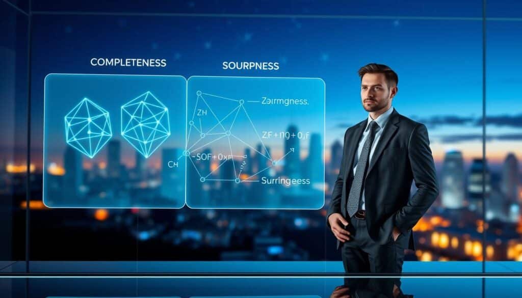 A visually striking illustration representing the concepts of completeness, soundness, and zero-knowledge proofs. In the foreground, a professional business person in smart attire stands at a sleek, high-tech desk with holographic displays showing abstract representations of these three properties. The middle layer features interconnected geometric shapes and mathematical formulas softly glowing in blue and green, symbolizing the complexity of cryptographic principles. In the background, a blurred futuristic city skyline under a twilight sky, illuminated by stars adds a sense of wonder. The lighting is dramatic yet focused, highlighting the central figure and the holographic elements, creating a mood of intellectual discovery and innovation. The image captures the essence of advanced technology, knowledge, and security in a captivating way.