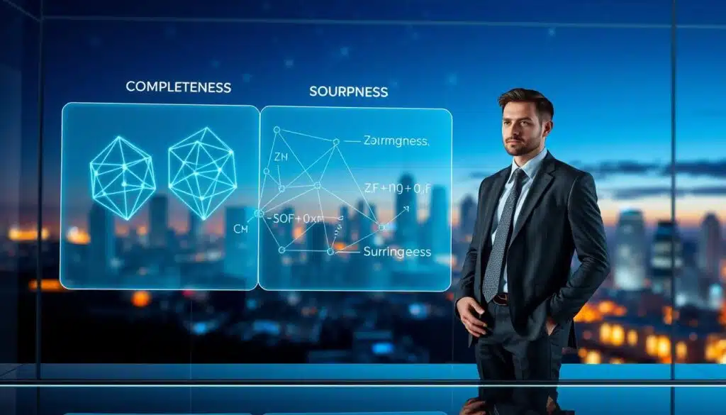 A visually striking illustration representing the concepts of completeness, soundness, and zero-knowledge proofs. In the foreground, a professional business person in smart attire stands at a sleek, high-tech desk with holographic displays showing abstract representations of these three properties. The middle layer features interconnected geometric shapes and mathematical formulas softly glowing in blue and green, symbolizing the complexity of cryptographic principles. In the background, a blurred futuristic city skyline under a twilight sky, illuminated by stars adds a sense of wonder. The lighting is dramatic yet focused, highlighting the central figure and the holographic elements, creating a mood of intellectual discovery and innovation. The image captures the essence of advanced technology, knowledge, and security in a captivating way. A visually striking illustration representing the concepts of completeness, soundness, and zero-knowledge proofs. In the foreground, a professional business person in smart attire stands at a sleek, high-tech desk with holographic displays showing abstract representations of these three properties. The middle layer features interconnected geometric shapes and mathematical formulas softly glowing in blue and green, symbolizing the complexity of cryptographic principles. In the background, a blurred futuristic city skyline under a twilight sky, illuminated by stars adds a sense of wonder. The lighting is dramatic yet focused, highlighting the central figure and the holographic elements, creating a mood of intellectual discovery and innovation. The image captures the essence of advanced technology, knowledge, and security in a captivating way.