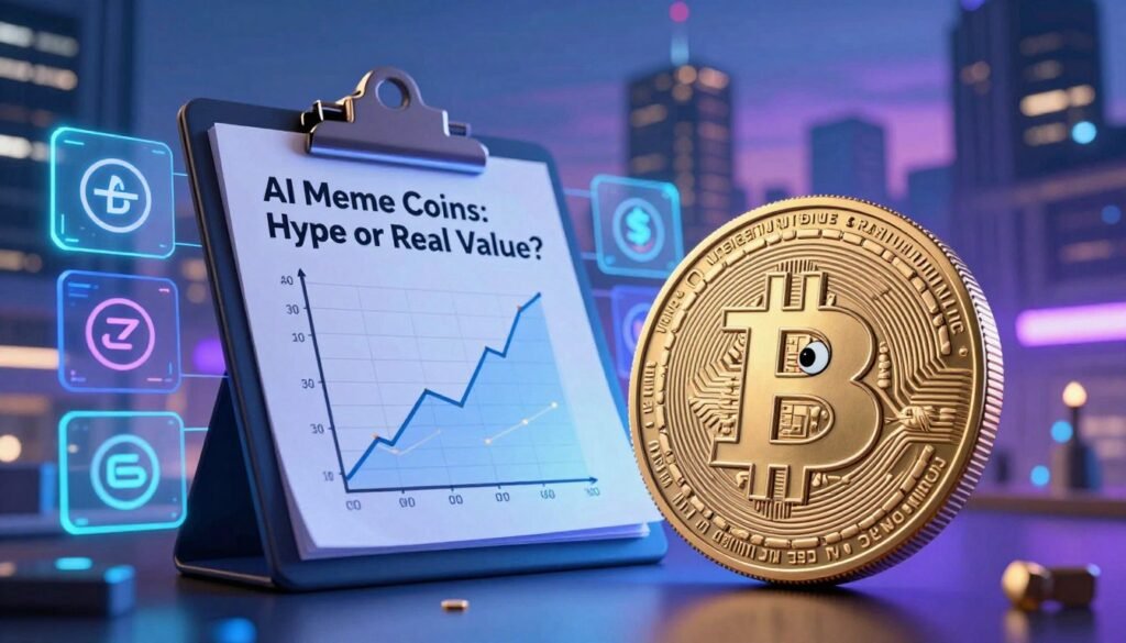 A visually striking image illustrating "AI Meme Coins: Hype or Real Value?" In the foreground, a futuristic cryptocurrency coin with digital circuits and a playful meme character subtly integrated into its design, symbolizing both innovation and humor. In the middle, a clipboard with a simple graph showing rising and fluctuating trends in cryptocurrency values, surrounded by holographic screens displaying various meme coin logos. In the background, a bustling city skyline at dusk, illuminated by the glow of digital advertisements and blockchain motifs, creating a vibrant atmosphere. The lighting is dynamic, with cool blue and purple tones, evoking a tech-savvy, yet whimsical mood. The angle is slightly tilted from a low perspective, enhancing depth and intrigue without any text or additional elements. A visually striking image illustrating "AI Meme Coins: Hype or Real Value?" In the foreground, a futuristic cryptocurrency coin with digital circuits and a playful meme character subtly integrated into its design, symbolizing both innovation and humor. In the middle, a clipboard with a simple graph showing rising and fluctuating trends in cryptocurrency values, surrounded by holographic screens displaying various meme coin logos. In the background, a bustling city skyline at dusk, illuminated by the glow of digital advertisements and blockchain motifs, creating a vibrant atmosphere. The lighting is dynamic, with cool blue and purple tones, evoking a tech-savvy, yet whimsical mood. The angle is slightly tilted from a low perspective, enhancing depth and intrigue without any text or additional elements.