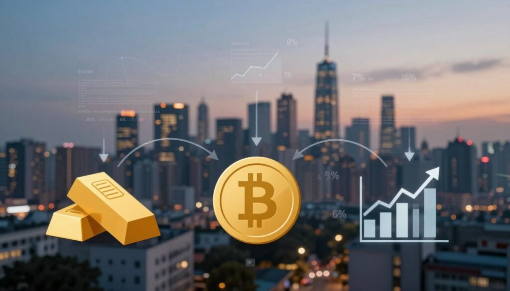 A visually striking infographic-style image illustrating the correlation drivers in the financial markets, specifically within crypto, stocks, gold, and funds. In the foreground, include stylized icons representing each asset class: a gold bar, a cryptocurrency coin, a stock chart, and a fund symbol, arranged in a balanced layout. The middle ground features flowing lines or arrows connecting the icons, symbolizing their interrelations, with subtle data points like percentages or graphs. The background should consist of a blurred city skyline at dusk to evoke a sense of global finance, illuminated by soft, ambient light that creates a professional atmosphere. Use a wide-angle perspective to capture a dynamic and engaging scene. The overall mood should convey insight and analysis, employing cool tones to reflect a data-driven approach. A visually striking infographic-style image illustrating the correlation drivers in the financial markets, specifically within crypto, stocks, gold, and funds. In the foreground, include stylized icons representing each asset class: a gold bar, a cryptocurrency coin, a stock chart, and a fund symbol, arranged in a balanced layout. The middle ground features flowing lines or arrows connecting the icons, symbolizing their interrelations, with subtle data points like percentages or graphs. The background should consist of a blurred city skyline at dusk to evoke a sense of global finance, illuminated by soft, ambient light that creates a professional atmosphere. Use a wide-angle perspective to capture a dynamic and engaging scene. The overall mood should convey insight and analysis, employing cool tones to reflect a data-driven approach.