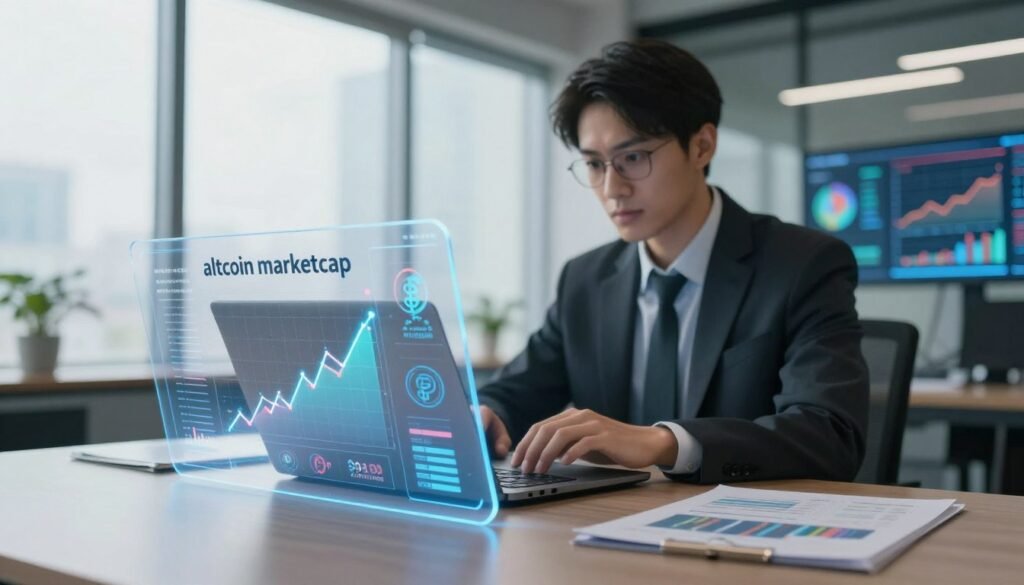 A visually striking representation of "altcoin market cap" analyzed in a modern digital context. In the foreground, feature a transparent holographic display showcasing various ascending altcoin graphs and digital currency logos, symbolizing growth and analysis. In the middle, include a professional analyst in business attire attentively studying the data on a sleek laptop, surrounded by digital charts and graphs glowing softly, reflecting a focused atmosphere. The background should depict a contemporary office environment with large windows, letting in bright, natural daylight that adds an upbeat feel. Use a cinematic angle to evoke a sense of depth and perspective, emphasizing the dynamic nature of cryptocurrency markets. The overall mood should convey a sense of professionalism, innovation, and optimism in financial analysis. A visually striking representation of "altcoin market cap" analyzed in a modern digital context. In the foreground, feature a transparent holographic display showcasing various ascending altcoin graphs and digital currency logos, symbolizing growth and analysis. In the middle, include a professional analyst in business attire attentively studying the data on a sleek laptop, surrounded by digital charts and graphs glowing softly, reflecting a focused atmosphere. The background should depict a contemporary office environment with large windows, letting in bright, natural daylight that adds an upbeat feel. Use a cinematic angle to evoke a sense of depth and perspective, emphasizing the dynamic nature of cryptocurrency markets. The overall mood should convey a sense of professionalism, innovation, and optimism in financial analysis.