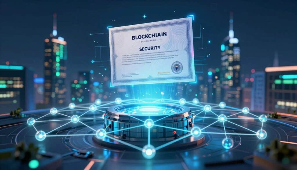A visually striking representation of blockchain security, featuring a futuristic digital landscape. In the foreground, a network of glowing blockchain nodes interconnected with luminous lines, symbolizing secure data transmission. The middle ground showcases a digital certificate, stylized with intricate patterns and holographic effects, floating above a secure vault. In the background, a city skyline is illuminated by soft blue and green lights, representing the technological advancements powered by blockchain. The atmosphere is dynamic yet secure, with a sense of innovation and reliability. The lighting is high-contrast, casting soft glows around the nodes and certificate, creating depth. The image should evoke a feeling of trust and professionalism, perfect for conveying the essence of blockchain technology securing digital certificates. A visually striking representation of blockchain security, featuring a futuristic digital landscape. In the foreground, a network of glowing blockchain nodes interconnected with luminous lines, symbolizing secure data transmission. The middle ground showcases a digital certificate, stylized with intricate patterns and holographic effects, floating above a secure vault. In the background, a city skyline is illuminated by soft blue and green lights, representing the technological advancements powered by blockchain. The atmosphere is dynamic yet secure, with a sense of innovation and reliability. The lighting is high-contrast, casting soft glows around the nodes and certificate, creating depth. The image should evoke a feeling of trust and professionalism, perfect for conveying the essence of blockchain technology securing digital certificates.