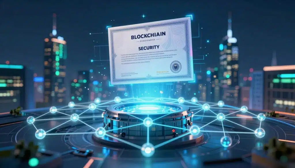 A visually striking representation of blockchain security, featuring a futuristic digital landscape. In the foreground, a network of glowing blockchain nodes interconnected with luminous lines, symbolizing secure data transmission. The middle ground showcases a digital certificate, stylized with intricate patterns and holographic effects, floating above a secure vault. In the background, a city skyline is illuminated by soft blue and green lights, representing the technological advancements powered by blockchain. The atmosphere is dynamic yet secure, with a sense of innovation and reliability. The lighting is high-contrast, casting soft glows around the nodes and certificate, creating depth. The image should evoke a feeling of trust and professionalism, perfect for conveying the essence of blockchain technology securing digital certificates. A visually striking representation of blockchain security, featuring a futuristic digital landscape. In the foreground, a network of glowing blockchain nodes interconnected with luminous lines, symbolizing secure data transmission. The middle ground showcases a digital certificate, stylized with intricate patterns and holographic effects, floating above a secure vault. In the background, a city skyline is illuminated by soft blue and green lights, representing the technological advancements powered by blockchain. The atmosphere is dynamic yet secure, with a sense of innovation and reliability. The lighting is high-contrast, casting soft glows around the nodes and certificate, creating depth. The image should evoke a feeling of trust and professionalism, perfect for conveying the essence of blockchain technology securing digital certificates.