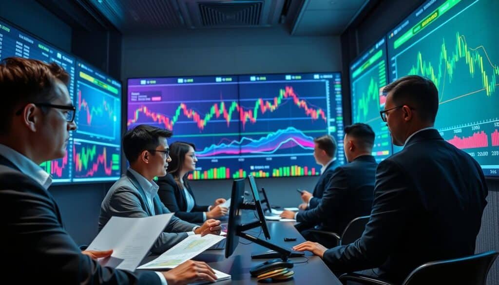 A visually striking representation of cryptocurrency liquidity, set in a modern trading room. In the foreground, a diverse group of professionals in smart business attire are intently analyzing digital cryptocurrency charts displayed on large screens, capturing the essence of strategic decision-making. The middle ground features a dynamic scene of fluctuating graphs and vibrant charts, illustrating the volatility and depth of the crypto market. In the background, sleek technology and digital currencies are subtly integrated, conveying a state-of-the-art trading environment. The lighting is bright yet soft, highlighting the focus of the professionals while creating a sense of urgency and excitement. The overall mood is one of innovation and opportunity, reflecting the current landscape of cryptocurrency liquidity and its importance for investors.