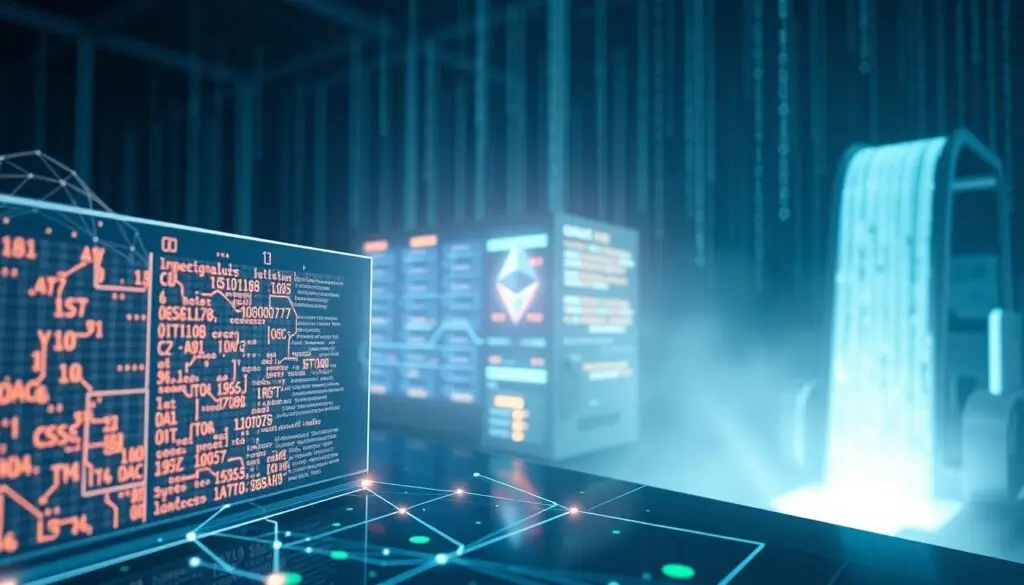 A visually striking representation of "data availability" in the context of blockchain technology. In the foreground, a sleek, transparent digital ledger displaying intricate data blocks, connected by glowing lines symbolizing network links. In the middle ground, a bustling Ethereum node depicted as a luminous, futuristic server structure, with vibrant data streams flowing in and out. The background features a stylized digital landscape with binary code cascading like a waterfall, encapsulating the essence of data flow. Soft, ambient lighting enhances the technical atmosphere, with cool blue and green tones dominating the scene. The viewpoint is slightly elevated, providing a comprehensive view of the interaction between nodes and data, conveying a sense of security and efficiency in the Layer 2 ecosystem. A visually striking representation of "data availability" in the context of blockchain technology. In the foreground, a sleek, transparent digital ledger displaying intricate data blocks, connected by glowing lines symbolizing network links. In the middle ground, a bustling Ethereum node depicted as a luminous, futuristic server structure, with vibrant data streams flowing in and out. The background features a stylized digital landscape with binary code cascading like a waterfall, encapsulating the essence of data flow. Soft, ambient lighting enhances the technical atmosphere, with cool blue and green tones dominating the scene. The viewpoint is slightly elevated, providing a comprehensive view of the interaction between nodes and data, conveying a sense of security and efficiency in the Layer 2 ecosystem.