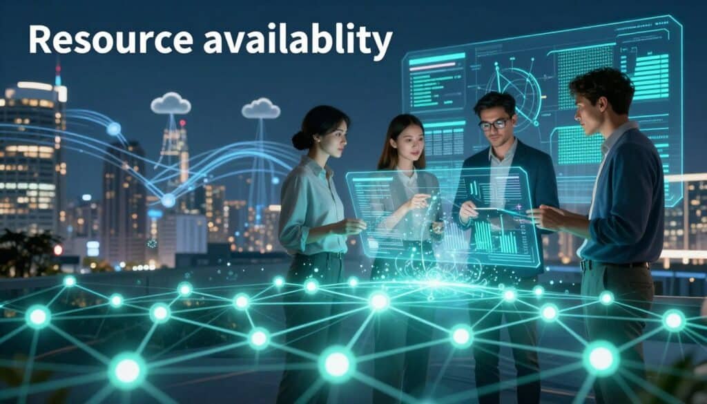 A visually striking representation of "resource availability" in a decentralized computing context. In the foreground, an array of interconnected, glowing digital nodes symbolize decentralized networks, pulsating with light to convey energy and activity. The middle ground features a diverse group of three professionals in smart casual attire, collaborating over a holographic interface displaying data patterns and resource allocations. In the background, a city skyline with cloud servers and data streams intertwining with the buildings, showcasing the transition from traditional cloud to decentralized systems. The lighting is bright and futuristic, with a cool color palette of blues and greens, creating an atmosphere of innovation and optimism. The angle of the shot captures both the professionals and the mesmerizing data flows, emphasizing a sense of progress and collaboration in technology.