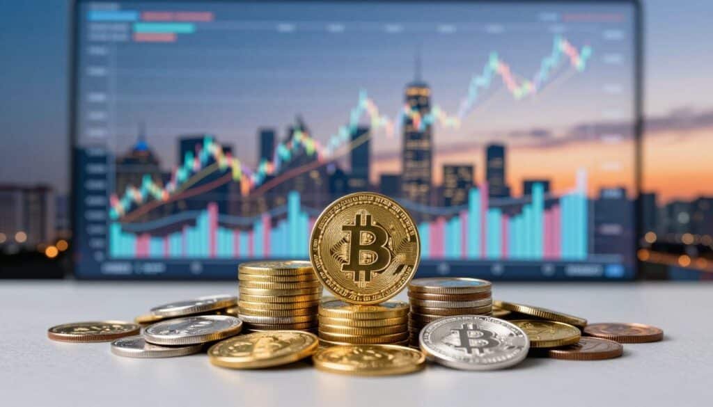 A visually striking representation of stablecoin assets, showcasing a balanced composition. In the foreground, prominently display a stack of gold and silver coins with the symbols of various stablecoins, gleaming under a soft, neutral light. The middle layer features a digital financial chart, illustrating market trends and stability, with vibrant colors contrasting against a sleek background. The background portrays a modern city skyline at dusk, with a blend of blue and orange hues in the sky, symbolizing innovation and progress in finance. The atmosphere conveys a sense of trust and reliability, essential elements of stablecoins. Use a wide-angle lens to capture the depth and vibrancy of the scene, ensuring a professional look that resonates with the theme of regulations and compliance in cryptocurrency.