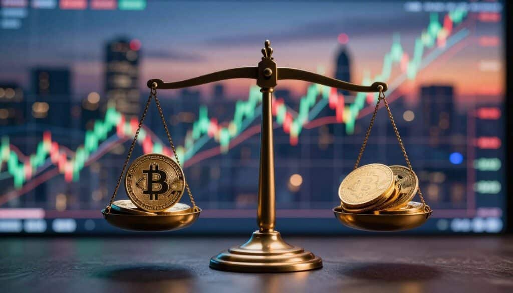 A visually striking representation of the law of supply and demand in a market context. In the foreground, a stylized balance scale, symbolizing equilibrium, adorned with cryptocurrency coins on one side and various market indicators on the other, highlighting the tension between supply and demand. The middle ground features a dynamic line chart with fluctuating prices, incorporating a blend of vibrant green and red colors to represent market movements. In the background, a blurred cityscape at dusk, with glowing lights suggesting economic vitality. The lighting is dramatic, casting sharp shadows and emphasizing the intricate details of the scale. The overall mood is analytical and focused, reflecting a sophisticated environment of trading and investment.